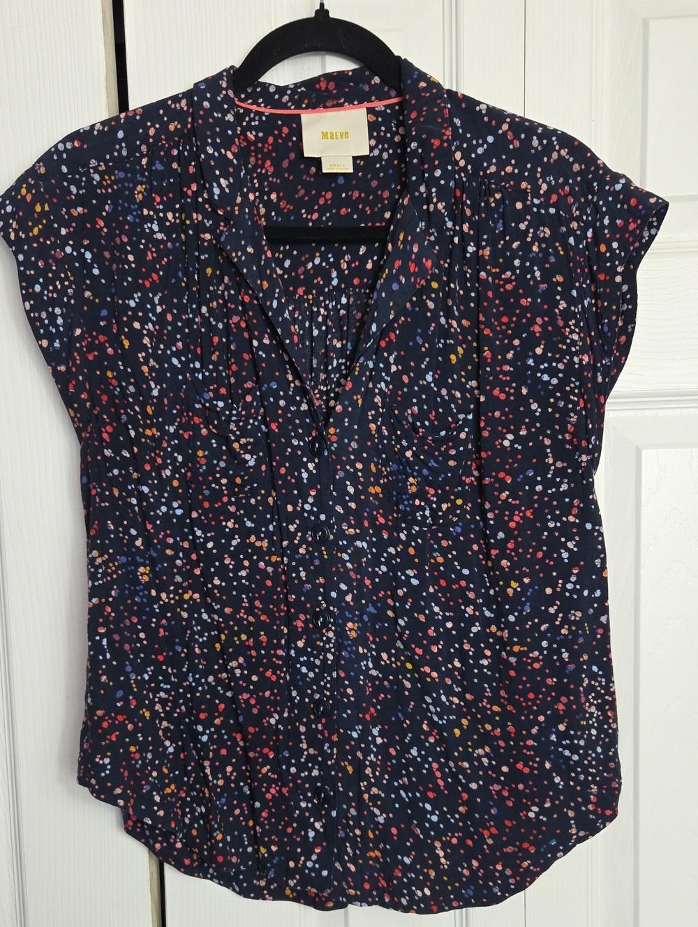 Maeve Navy Multicolor Dot Cap-Sleeve Blouse